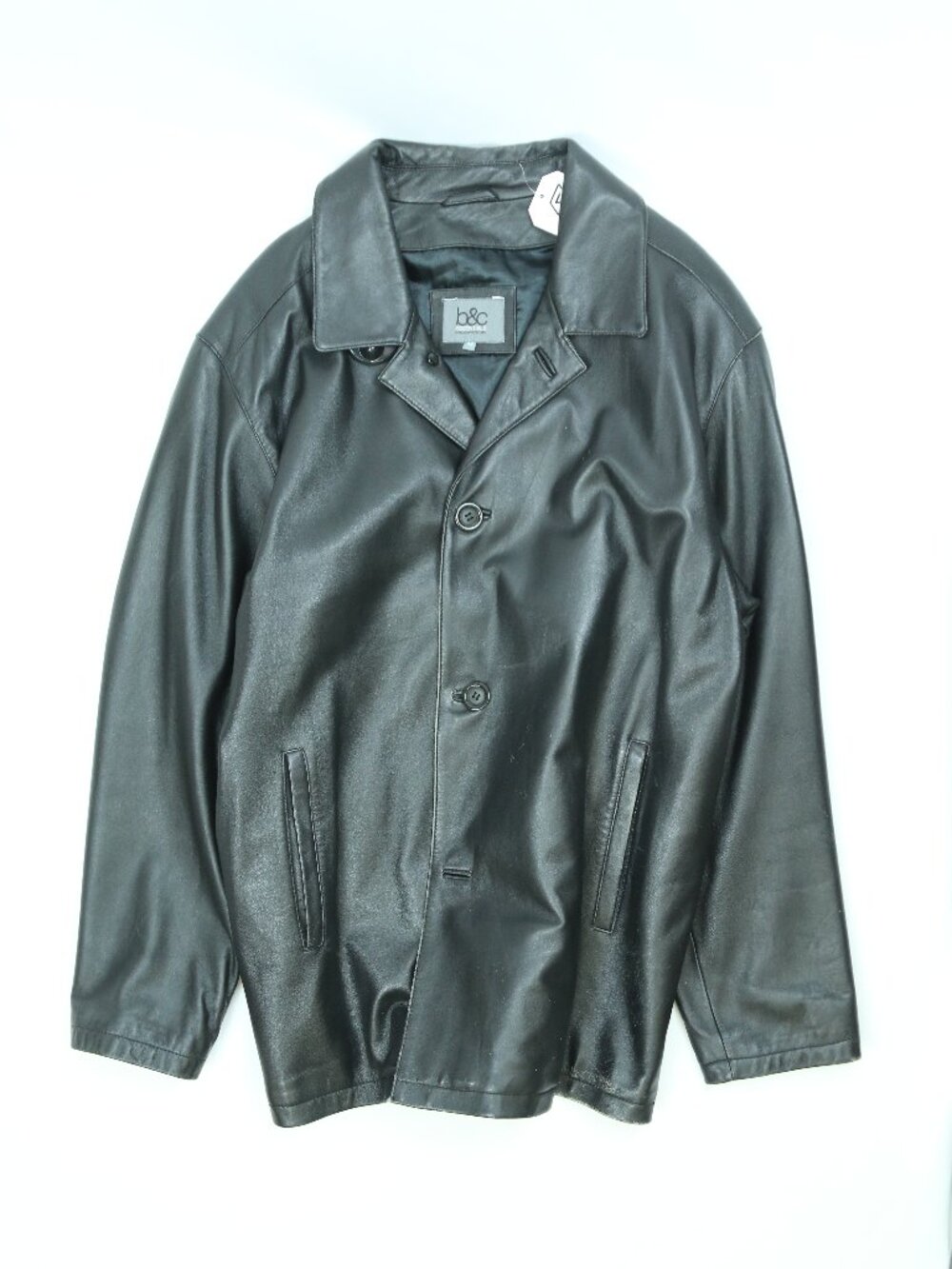 Men's B&C Black Leather Car Coat Size Large